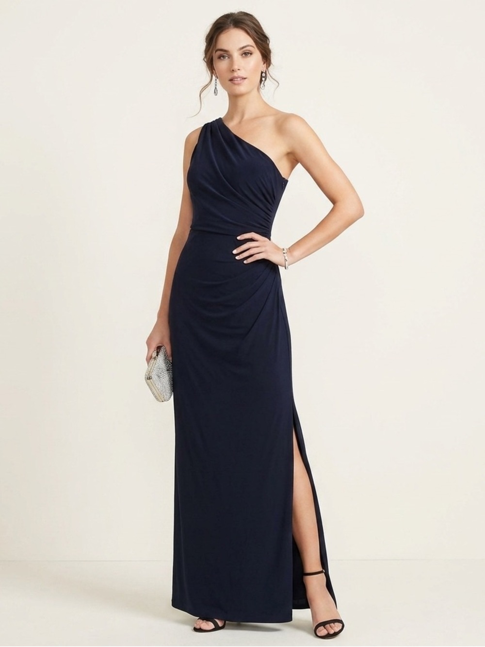 Betsy Adam Womens Plus Formal Shirred One Shoulder Gown Sz 14W Navy